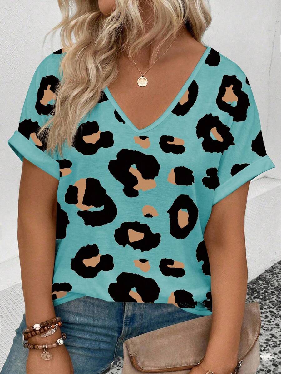 EMERY ROSE 大码女式休闲V领短袖卷边豹纹T恤 - 彩色 - 查看 1