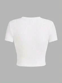 青少年女孩花卉印花短款贴身圆领 T 恤，休闲舒适，适合夏季