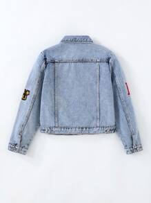 Coolqubz Tween Boy Casual Comfortable Vacation Fashion Street Cute Graffiti Embroidery Non-Stretch Long Sleeve Slim Fit Denim Jacket, Spring/Summer/Autumn. Fashionable Comfortable Daily Versatile Denim Jacket Fall Winter,Unisex - Light Wash - View 2