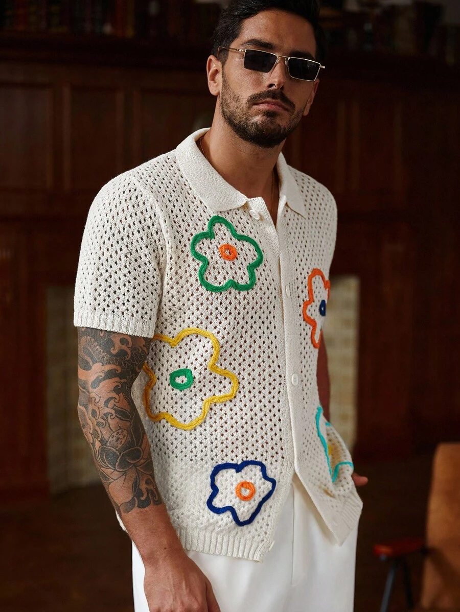 Manfinity Homme Áo thun nam tay ngắn cài nút họa tiết hoa phía trước - trắng - Xem 1