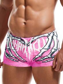 ROMWE MEN Casual Men's Elastic Waist Drawstring Skull Hand Pattern Summer Swim Trunks