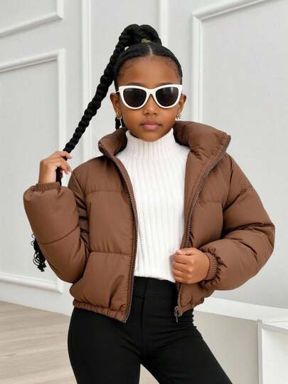 SHEIN Sparklyn Girls' Casual Minimalist Stand Collar Long Sleeve Short Loose Solid Color Fleece Padded Padded Coat, Autumn/Winter, Coffee Color Fall