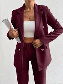 EURMUSE Women's Solid Color Lapel Epaulet Long Sleeve Double-Breasted Fashion Suit Set - Burgundy - View 1