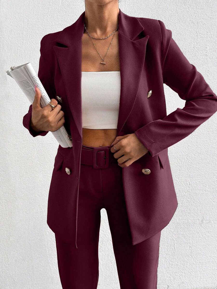 EURMUSE Women's Solid Color Lapel Epaulet Long Sleeve Double-Breasted Fashion Suit Set - Burgundy - View 1