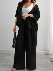 EURMUSE Solid Drop Shoulder Button Front Shirt & Wide Leg Pants Set – Effortless Chic Co-Ords - Black - View 6