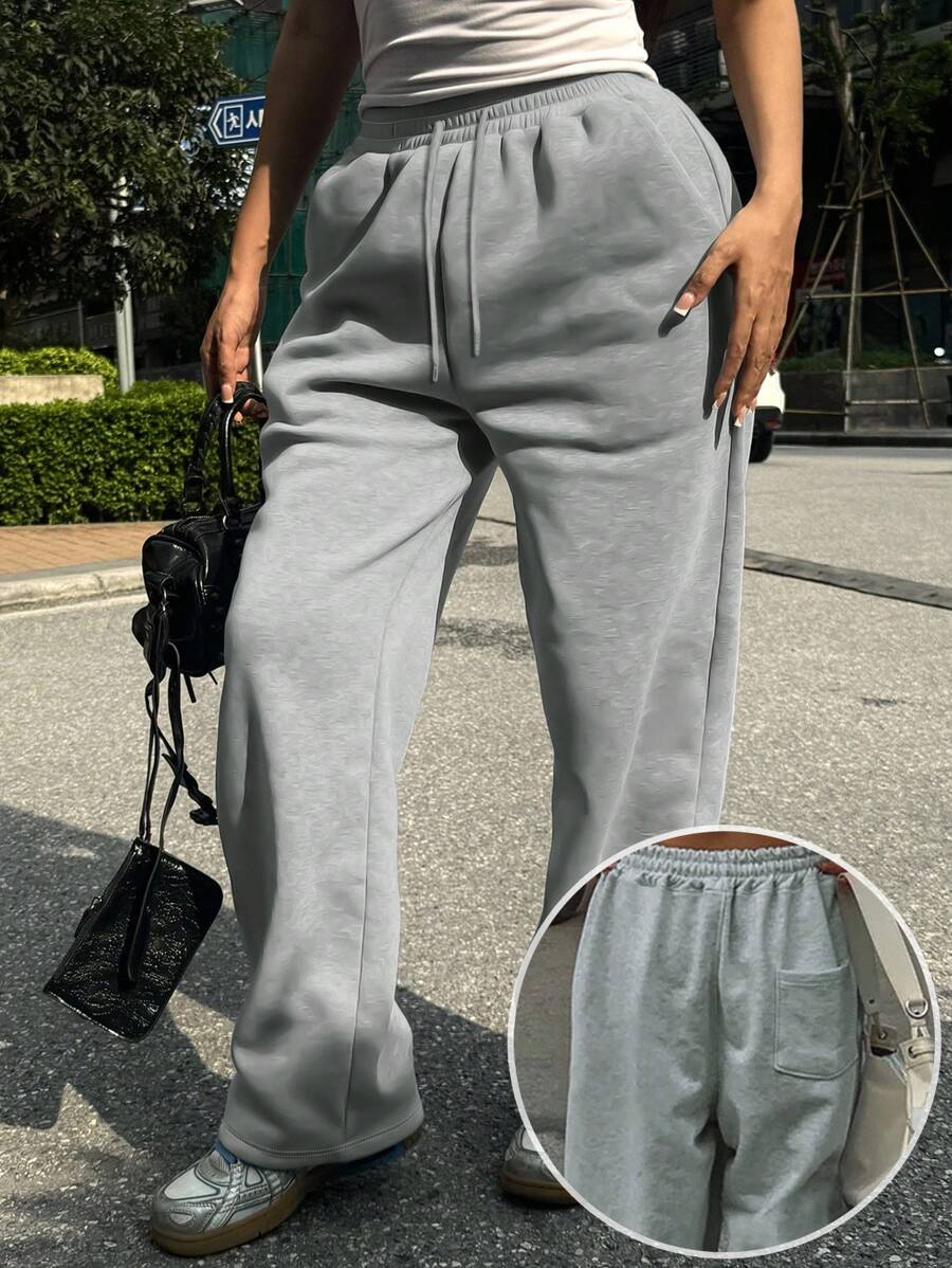 INAWLY Women's Solid Color Drawstring Pocket Casual Gray Baggy Wide Leg Sweatpants Fall Clothing Graduation,Back To School Outfits,Graduation,Teacher Outfits For Women,Back To School - Light Grey - View 1