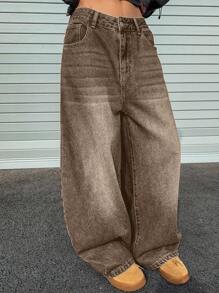 Strévra 复古宽松街头洗水做旧阔腿女式牛仔裤 - 藍色 - 查看 4