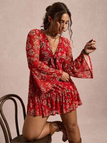 SHEIN VCAY 大码休闲花卉印花喇叭袖连衣裙 - 彩色 - 查看 1