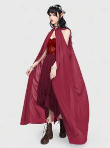 ROMWE Fairycore Forest Fairy Queen Solid Color Hooded Loose Vintage Cape - Burgundy - View 6