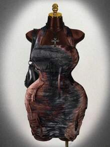 Sunspun Vestido mini corto y ajustado de talle ceñido con efecto tie-dye, sin mangas, con espalda de tirantes, sexy y elegante para tallas grandes - Marrón Chocolate - Ver 1