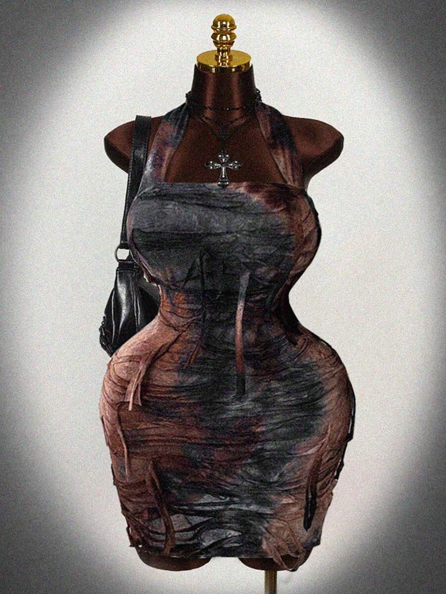 Sunspun Vestido mini corto y ajustado de talle ceñido con efecto tie-dye, sin mangas, con espalda de tirantes, sexy y elegante para tallas grandes - Marrón Chocolate - Ver 1