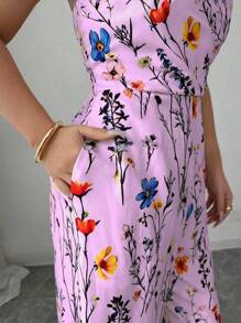 SHEIN PETITE Bộ đồ liền thân ống rộng không tay họa tiết hoa thanh lịch dành cho nữ, Xuân/Hè - Màu tím - Xem 5