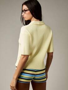 MISSGUIDED Ribbed Knit Polo Sweater Short Sleeve Preppy Style Collared Top Spring Summer Tennis Fashion Lightweight Office Work Pullover Professional Style - Yellow - View 2