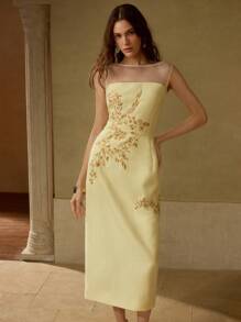 MOTF PREMIUM 女士优雅刺绣植物亮片细节撞色网眼透明育克舞会礼服 - 黃色 - 查看 4