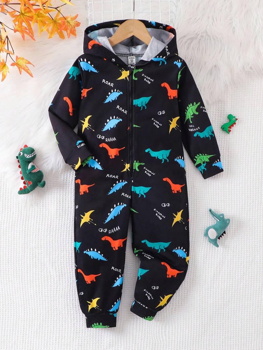 SHEIN Young Boy Loose Comfortable All-Over Cartoon Dinosaur Print Hooded Jumpsuit, Back To School Season Fall Winter