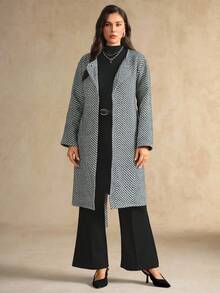 Flouryn Plus Size Women's Black & White Herringbone Pocket Belted Bow Overcoat Winter Fall Autumn - Black and White - View 5