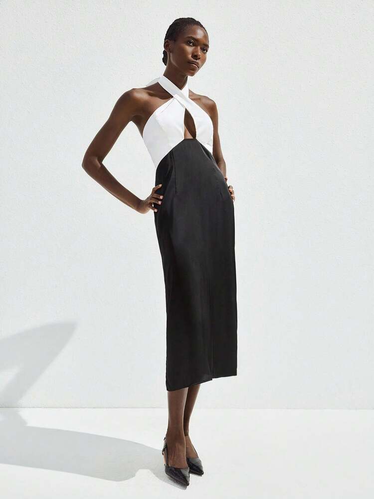 SHEIN Maija Black & White Contrast Criss-Cross Backless Hollow Out Fitted Waist Mid-Length Dress, Sleeveless Elegant Comfortable Summer Dress, Versatile For St. Patrick's Day, Spring Break, Easter, Music Festivals, Parties