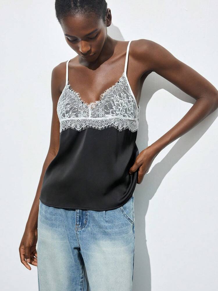 SHEIN Maija Spring & Summer Black & White Lace Patchwork Summer Cami Top For Women, Comfortable, Skin-Friendly, Elegant, Suitable For Graduation, Brunch, Formal/Casual Business Outings Beach