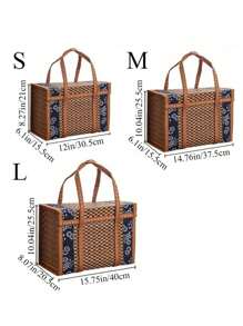 1pc Foldable Camp Storage Basket Woven From Bamboo, Batik Cloth Covered, Picnic Basket, Rural Style