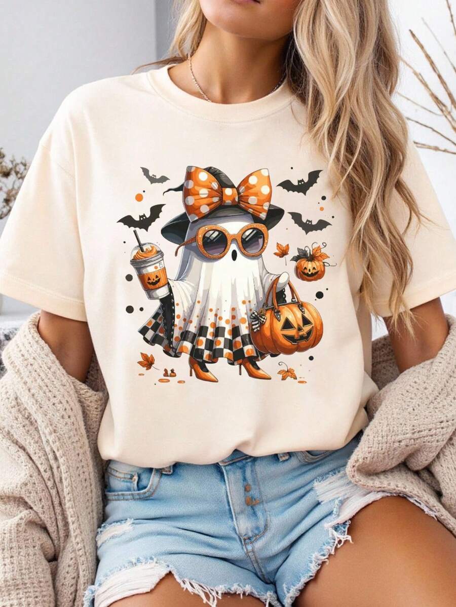 EMERY ROSE Halloween Coffee T-Shirt-Ghost Face Shirt-Halloween Ghost Shirt-Halloween Nightmare--Ghost Face Shirt - Apricot - View 1