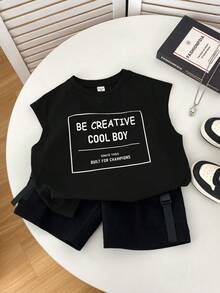 SHEIN 小男孩舒适字母拼接休闲背心，适合户外活动、学校、居家休闲和专业运动 - 黑色 - 查看 7