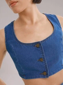 Daynim Atasan Rompi Denim Pendek Tanpa Lengan untuk Wanita - Medium Wash - View 1