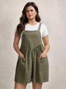 Zelara 加大码纯色连体衣，带两个口袋 - 軍綠色 - 查看 5