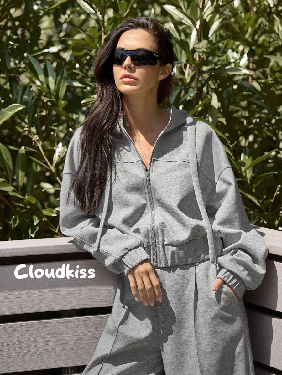Fluxe Sweatshirt Pullover Lengan Panjang Berkerudung Rajut Warna Polos Kasual untuk Wanita, Pakaian Musim Gugur - Light Grey - View 1