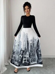 Rafferiza Women's Knitted 2 In 1 Long Sleeve Round Neck Patchwork Pleated Printed Maxi Dress,Black And White,Autumn,Elegant,Evening Wedding Guest Party Dress - Black - View 7