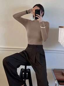 DAZY 女式纯色长袖休闲套头高领T恤，秋冬 - 摩卡棕 - 查看 8
