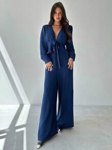 Firerie 女士优雅休闲浪漫日常都市通勤度假蓝色长袖系腰 V 领衬衫和阔腿裤两件套，秋季服装 - 藍色 - 查看 2