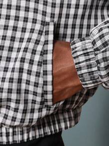 SUMWON 街头服饰半拉链套头衫中心口袋格纹夹克风衣连帽外套带抽绳松紧腰秋冬休闲层 - 黑與白 - 查看 7