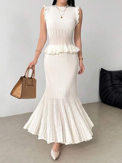 Modelyn 2件套优雅淑女风无袖针织背心和长款百褶裙套装