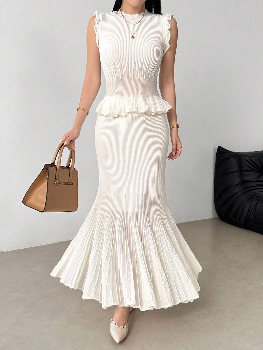 Modelyn 2件套优雅淑女风无袖针织背心和长款百褶裙套装 - 白色 - 查看 1