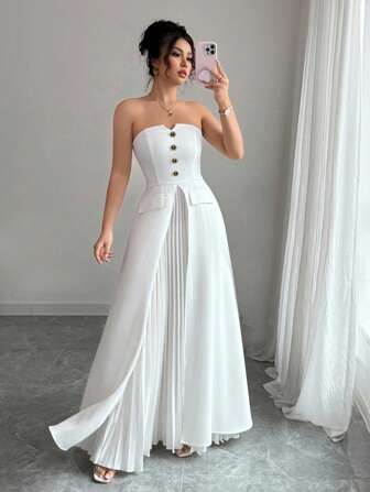 Elenzga 大码优雅纯色褶皱拼布连衣裙