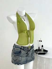 Elamini 女式绿色串珠刺绣亮片雪纺抽绳露背荷叶边休闲度假机场上衣，夏季