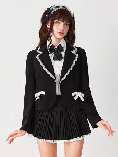 J-Fashion Women's Contrast Lace Lapel NeckBow Decor Long Sleeve Fashion Blazer
