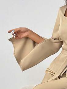 Chiquease Women's Elegant Square Collar Split Ruffle Sleeve Tie Waist Blazer & Pants Suit Set,Khaki Summer Elegant Work Formal Fall Two Pieces Suit Set Cloth - Khaki - View 7