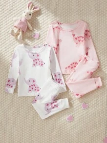 Set pigiama da 4 pezzi per neonata, morbido e confortevole, aderente, con stampe carine di cuore, elefante e dinosauro, top a maniche lunghe e pantaloni
