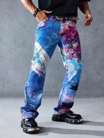 Street Life Jeans de mezclilla con bolsillo con estampado floral para hombre