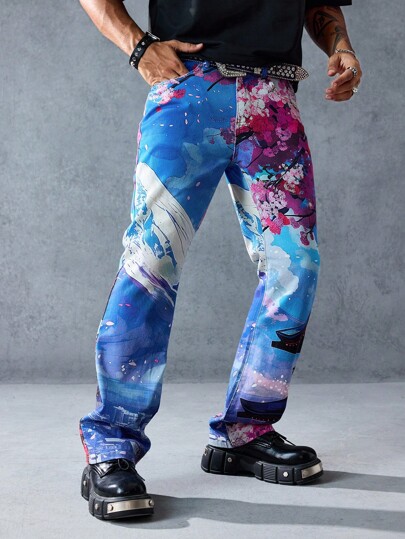 Street Life Jeans en denim avec imprimé floral sur la poche pour hommes