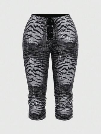 J-Fashion Plus Size Vintage Low Waist Leopard Print Sequin Tie Waist Women Capri Pants