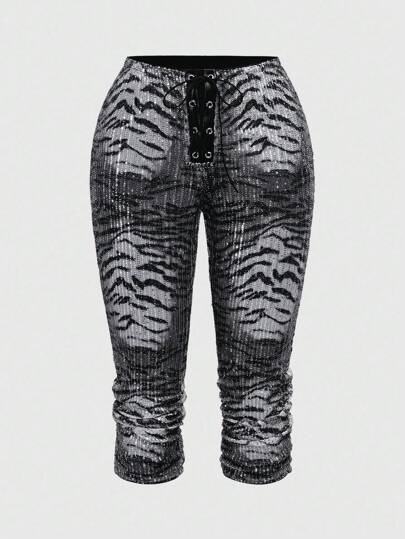 J-Fashion Plus Size Vintage Low Waist Leopard Print Sequin Tie Waist Women Capri Pants