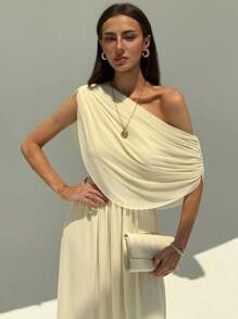 Aloruh New Draped Ruched Shoulder Slim Fit Maxi Party Vacation Holiday Dress, Versatile Lightweight Formal Gown Wedding Pale Yellow Summer Elegant - Beige - View 5