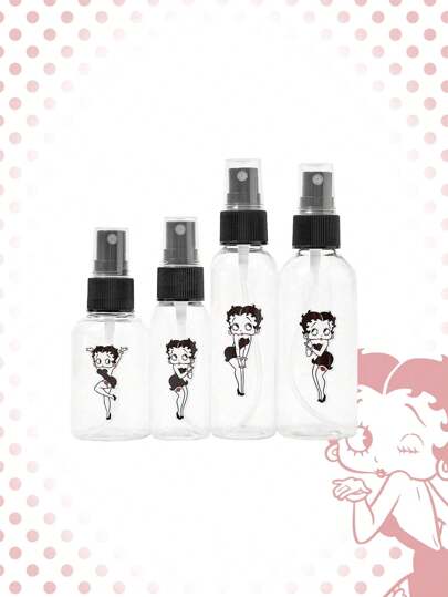Betty Boop | ROMWE 4 قطع مجموعة أشكال كرتونية رسومات شفافة من PET، زجاجات رش صغيرة لتعبئة العطور والمستحضرات التجميلية