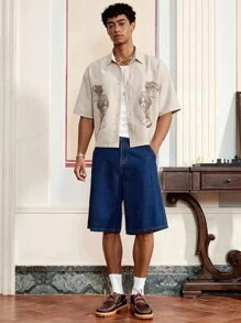 SWAVVY Áo sơ mi nam tay ngắn, cài khuy đơn, họa tiết chân dung La Mã - Màu be - Xem 4