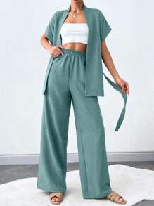 SHEIN Tall 纯色无袖休闲夏季高腰女士两件套（配腰带） - 薄荷綠 - 查看 4
