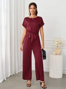 Ellevyn Elegancki damski bordowy satynowy kombinezon z okrągłym dekoltem i wiązaniem w talii, szerokimi nogawkami, uniwersalny na okazje, jesienne ubrania damskie, stroje wakacyjne