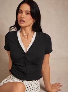 WESTFADE 混合材质罗纹针织和梭织荷叶边 V 领纽扣前长袖开衫 Y2K 秋季返校季 - 黑色 - 查看 1