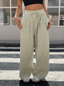 Livesso 女士条纹抽绳腰带口袋阔腿宽松休闲裤复活节 - 綠色 - 查看 3